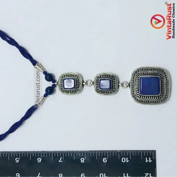 Beaded Chain Necklace with Triple Blue Square Pendants, Lapis Lazuli Stone - Picture 15 of 16